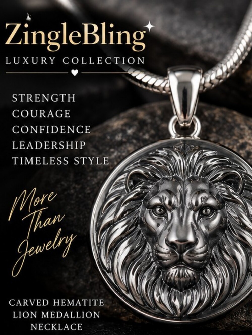 Carved Hematite Lion Medallion Rhodium Stainless Steel Snake Chain Necklace
